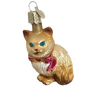 Old World Christmas Orange Tabby Kitty Cat W OWC Tag Red Bow Blown Glass